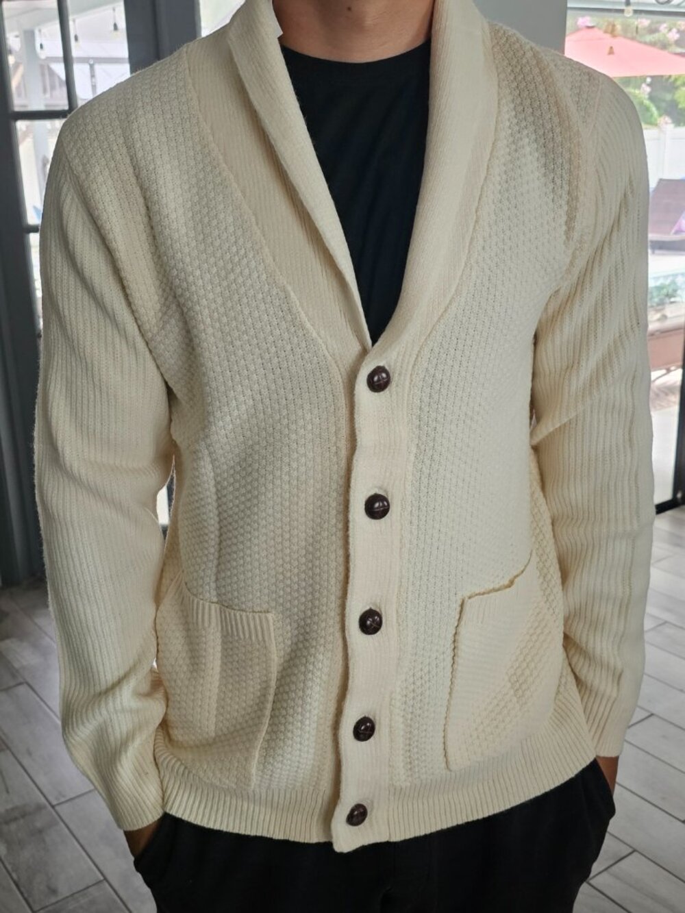 Mens Shawl Collar Cardigan Sweater Button Down Textured Knit pockets M Beige NEW